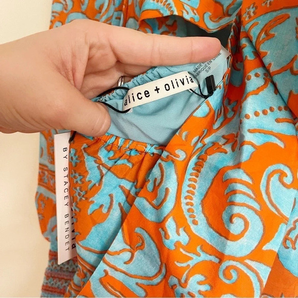 Alice + Olivia Rowen Tiered Long-Sleeve Tie Back Babydoll Dress Orange Blue NWT - Picture 6 of 7